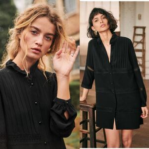 Sézane Ashley Dress Black Silk Mini Dress Lace Pintuck Ruffle Collar Sz 36 US 4